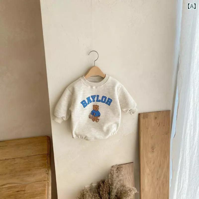 ロンパース ベビー 新生児 トレーナー カバーオール プルオーバー フードなし クマ アルファベット ロゴプリント 長袖 綿 コットン 男女兼用 お出かけ 韓国風 春秋