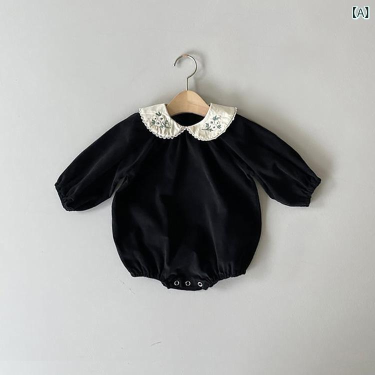 ロンパース ベビー 女児 新生児 赤ちゃん コーデュロイ 刺繍襟 三角 プルオーバー 長袖 コットン素材 春秋 カバーオール かわいい おしゃれ 普段使い お出かけ着 韓国風