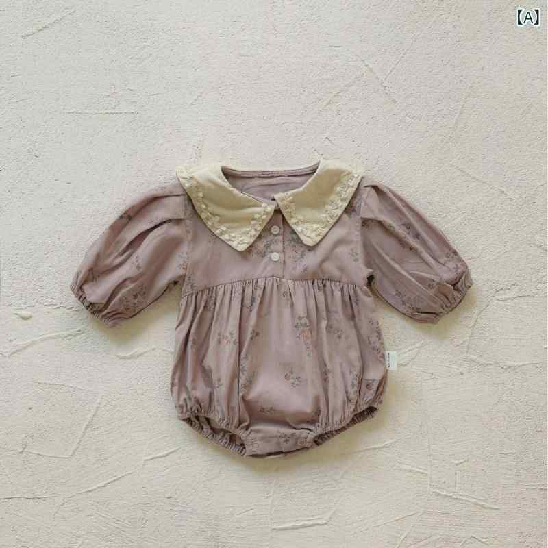 カバーオール ベビー 女の子 秋 コーデュロイ 小花柄 立体花飾り襟 長袖 綿 コットン ロンパース プルオーバー 百日祝い お出かけ 韓国風 紫ピンク アプリコット