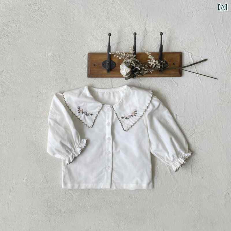 シャツ ベビー キッズ 女の子 春秋 北欧風 刺繍 ビッグカラー フリル襟 バルーン袖 パフスリーブ コットン100% 長袖 普段着 お出かけ オフホワイト ベージュ ブラウン ブラウス