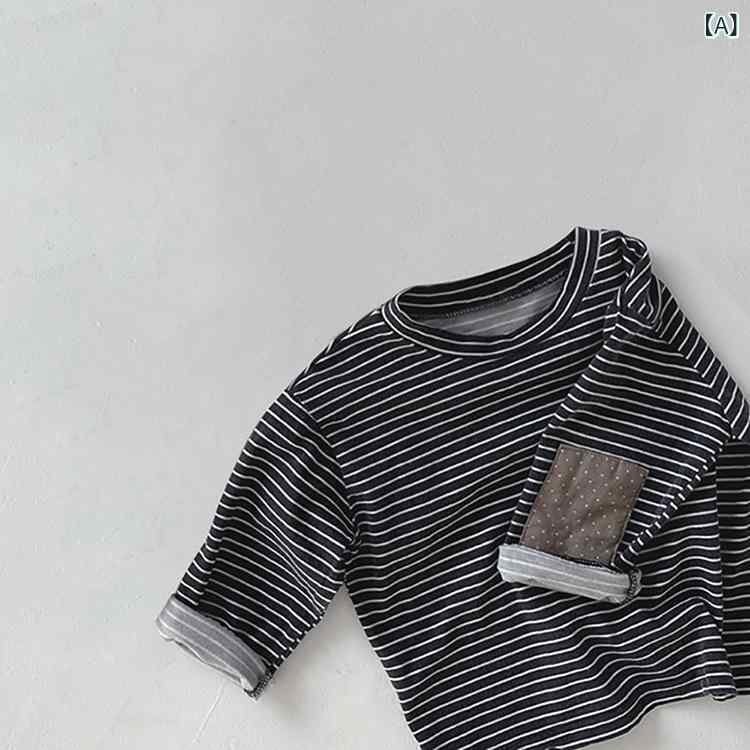Tシャツ 男の子 キッズ ベビー 幼児 長袖 ストライプ ボーダー 丸首 トップス 厚手 綿 コットン ニット 秋冬 インナー 保温性 暖かい 韓国風 通学 普段使い