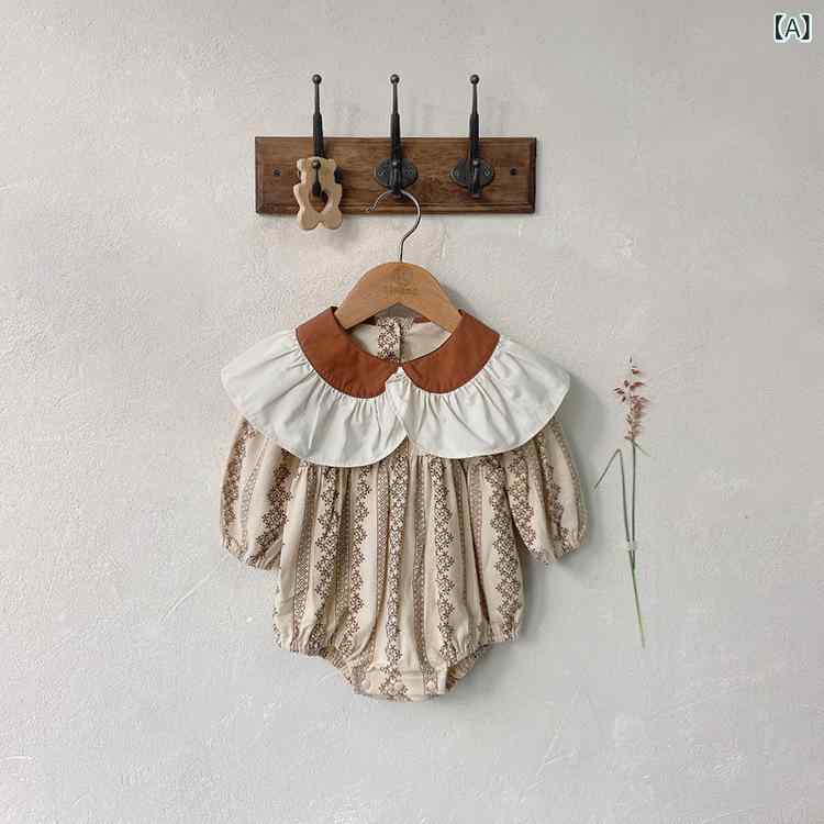 ロンパース 女の子 ベビー 赤ちゃん 新生児 韓国子供服 レトロ 起毛 花びら襟 フリル襟 長袖 綿 コットン 春秋 お出かけ 普段使い カバーオール かわいい 杏色 グリーン