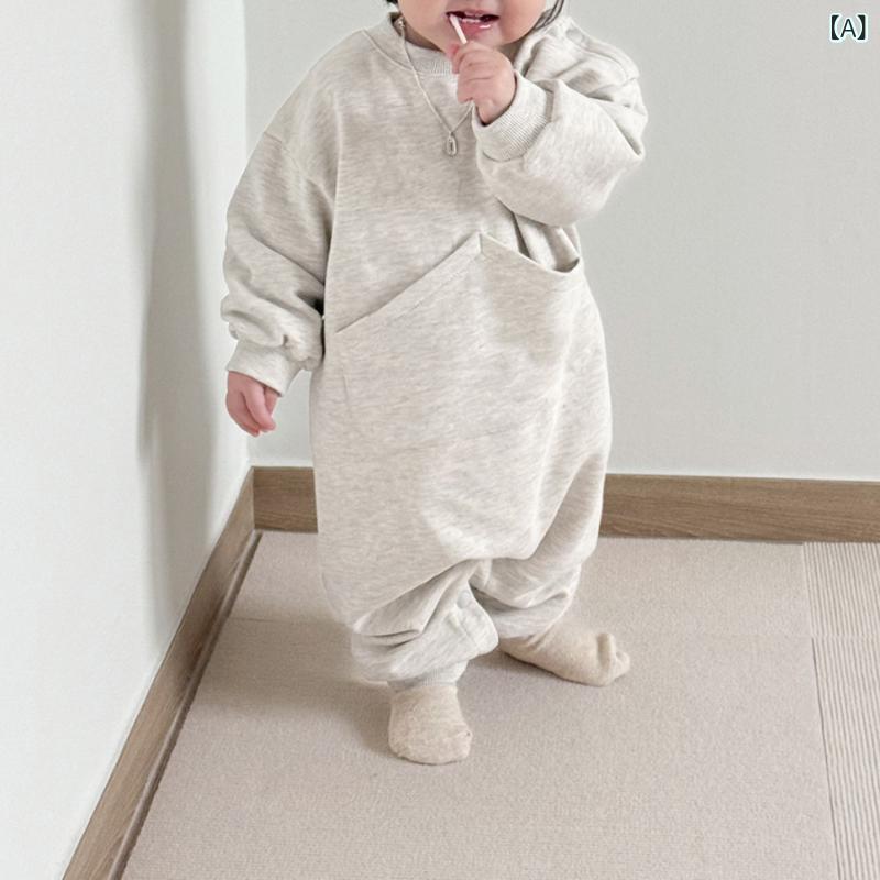 ロンパース ベビー 新生児 男の子 女の子 男女兼用 足つき 長袖 ロング丈 綿 コットン 無地 ビッグポケ..
