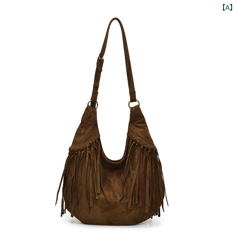 ショルダーバッグ レディース ハーフムーン型 トートバッグ 肩掛け 斜め掛け フリンジ 大容量 シンプル..