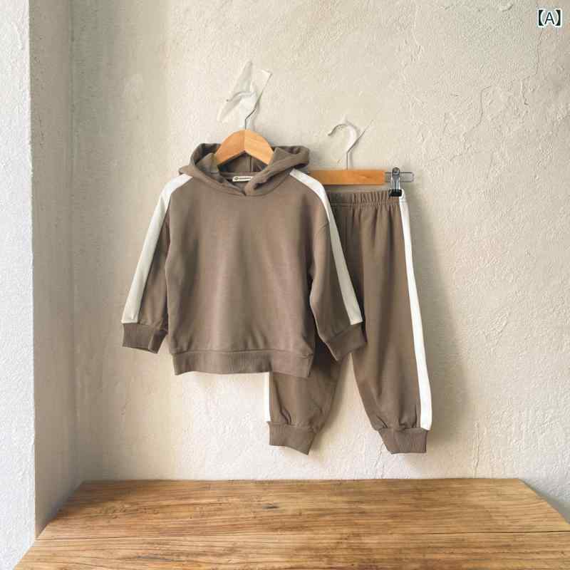 Overalls - キッズ ベビー 男女兼用 長袖 フード付き プルオーバー スウェット 配色ライン セットアップ 2点セット 春秋 綿素材 韓国風 普段使い お出かけ ルームウェア