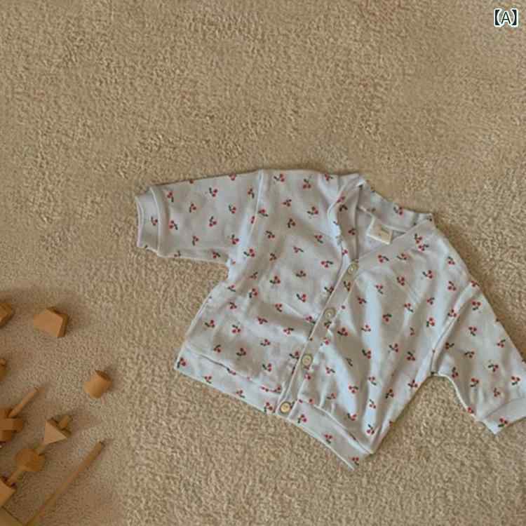 ロンパース ベビー 赤ちゃん 男女兼用 春夏秋 コットン 綿 小さなサクランボ柄 チェリー柄 プリント カ..