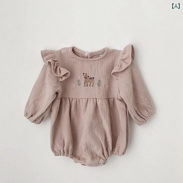 ロンパース ベビー 新生児 赤ちゃん 男女兼用 春秋 韓国風 かわいい 小鹿柄 花柄 フリルデザイン 綿 ニ..