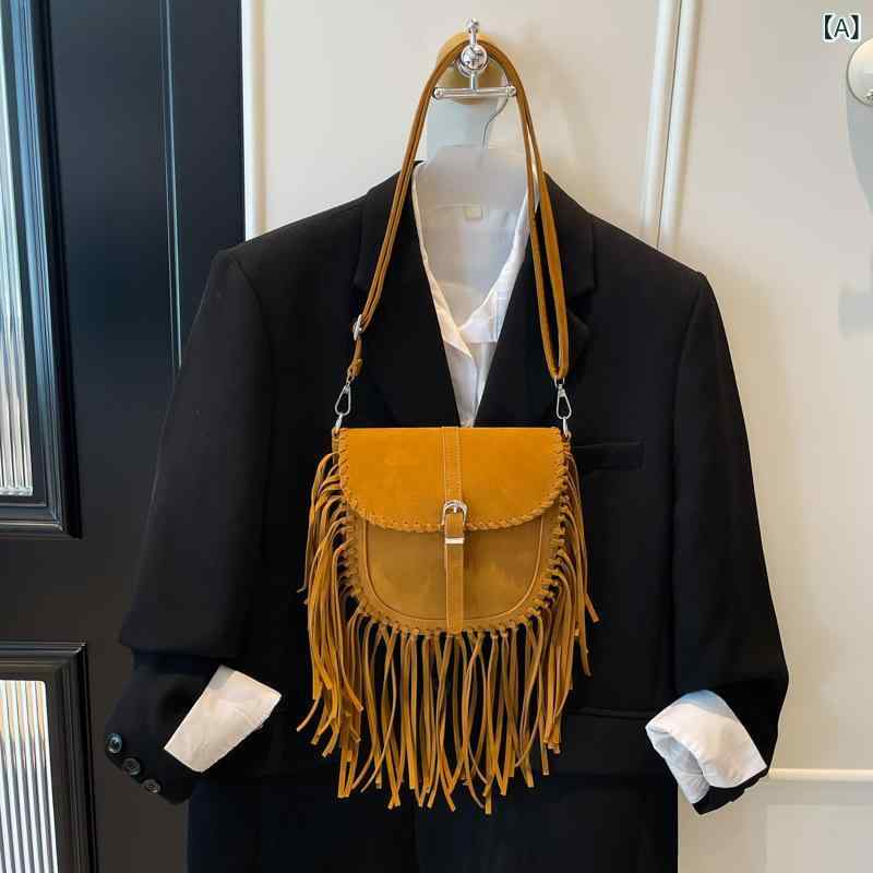 バッグ レディース ミニバッグ 高級感 サドルバッグ 秋冬 レトロ ヴィンテージ フリンジ タッセル スウェード調 通勤 オフィス 普段使い デイリーユース 斜め掛け ショルダーバッグ クロスボディ 柔らかい ステッチ ブラウン系