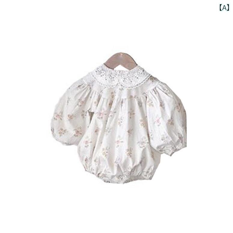 ロンパース 女の子 ベビー 赤ちゃん 幼児 長袖 レース襟 小花柄 ピンク コットン 綿95% 秋冬 韓国風 カ..