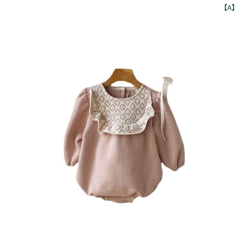 ロンパース ベビー キッズ 男女兼用 長袖 レース フリル襟 パフスリーブ スウェット トレーナー 綿 コットン 韓国ファッション 秋冬 春 カバーオール くすみピンク モカ カジュアルウェア