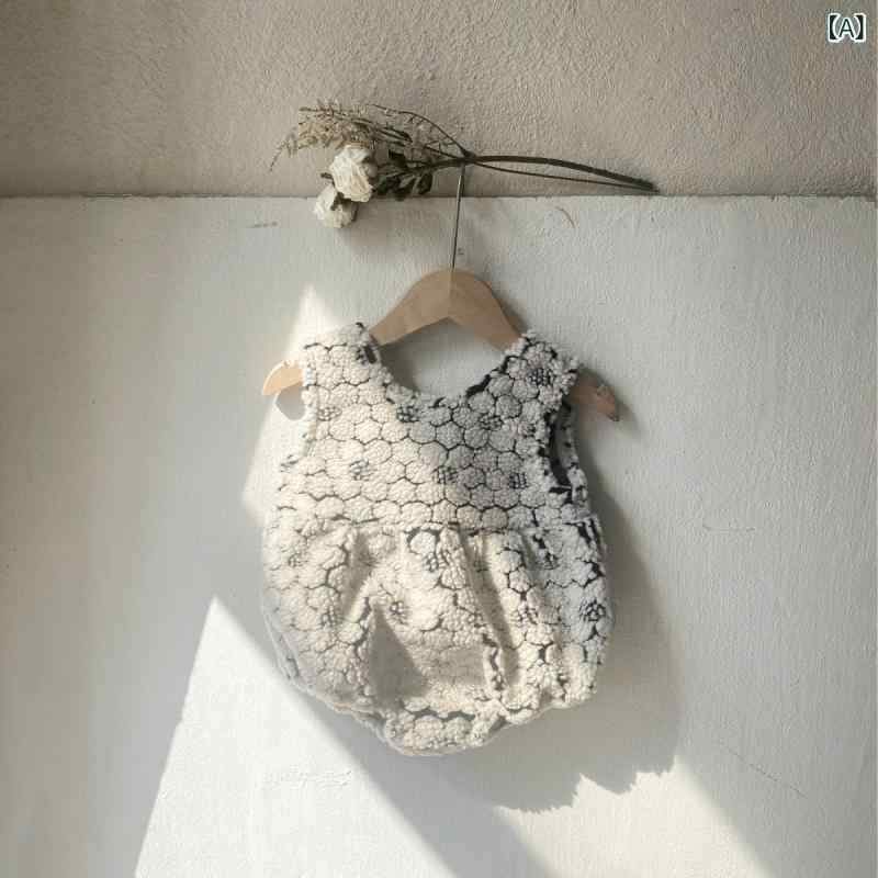 ロンパース ベビー 女の子 秋冬 厚手 ノースリーブ ハート フラワー 立体ベロア カバーオール ポリエステル あったか かわいい 韓国風 ボディスーツ スナップボタン