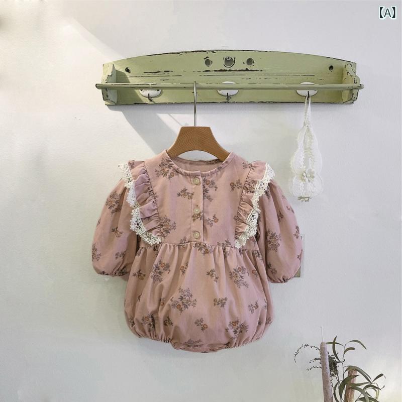 ロンパース 新生児 ベビー 女の子 長袖 パフスリーブ 小花柄 綿 春秋 韓国風 プルオーバー 肌に優しい カジュアル カバーオール 紫ピンク アプリコット