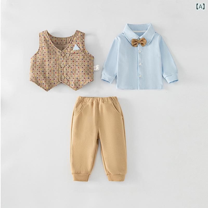 キッズ 男の子 セットアップ 学院風 カーキ色 3点セット スリーピース 春秋 長袖 ロングパンツ 綿 裏起..