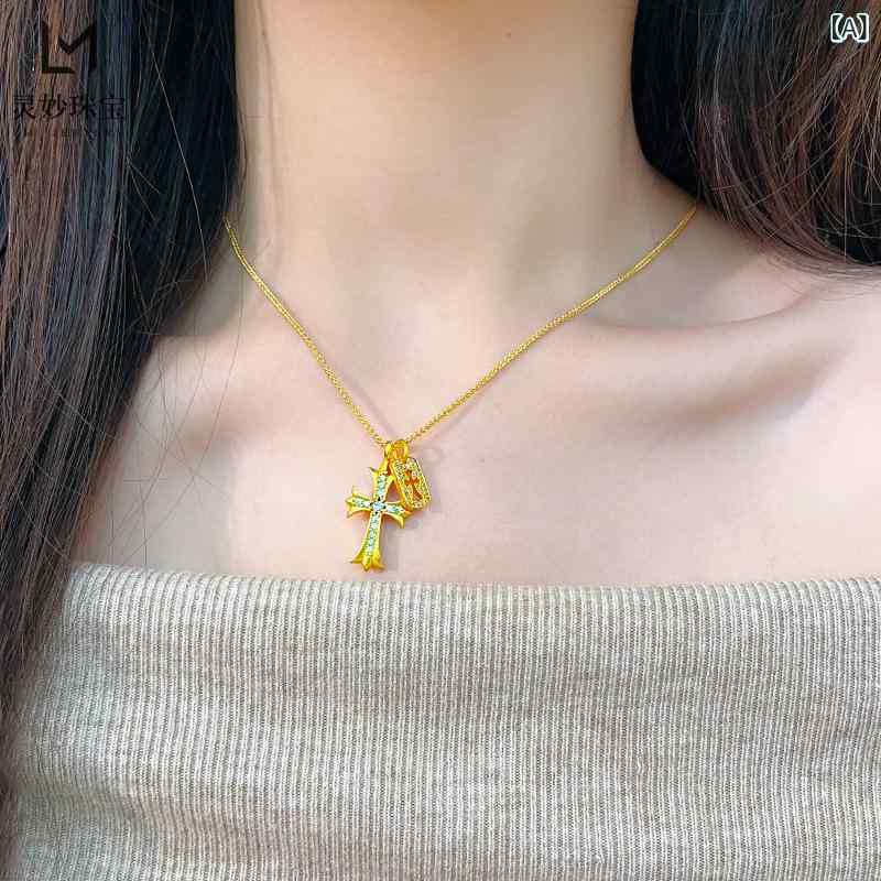 ネックレス レディース 古式砂金調 ジルコニア 十字架 スクエアプレート ペンダント 透かし彫り 重ね付..