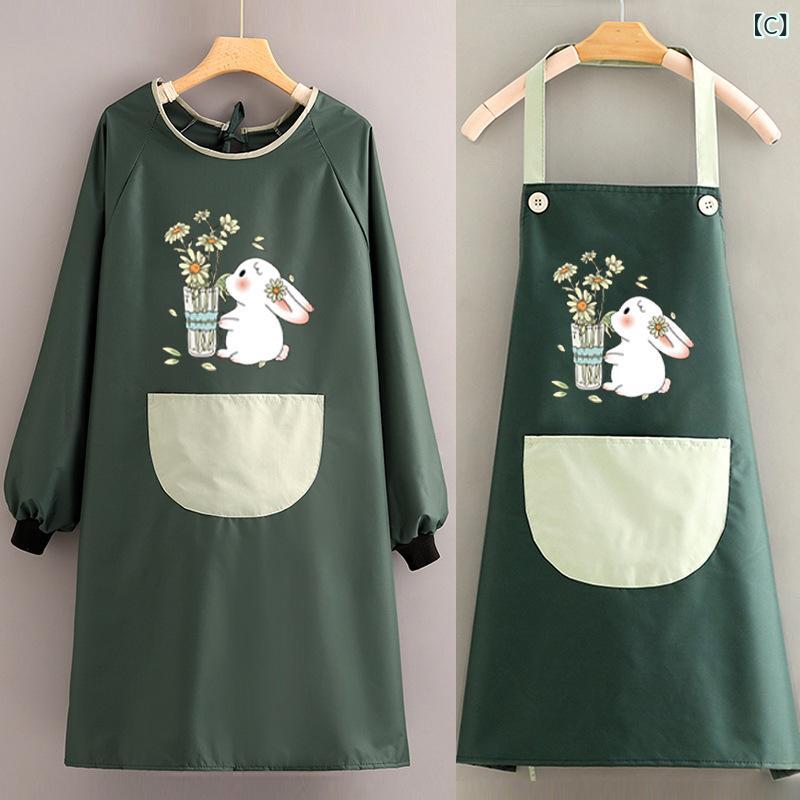 エプロン 女性用 長袖 割烹着 かわいい 漫画風 防水 防油 キッチン 家庭 料理 飲食店 作業着 おしゃれ フリーサイズ PVC素材