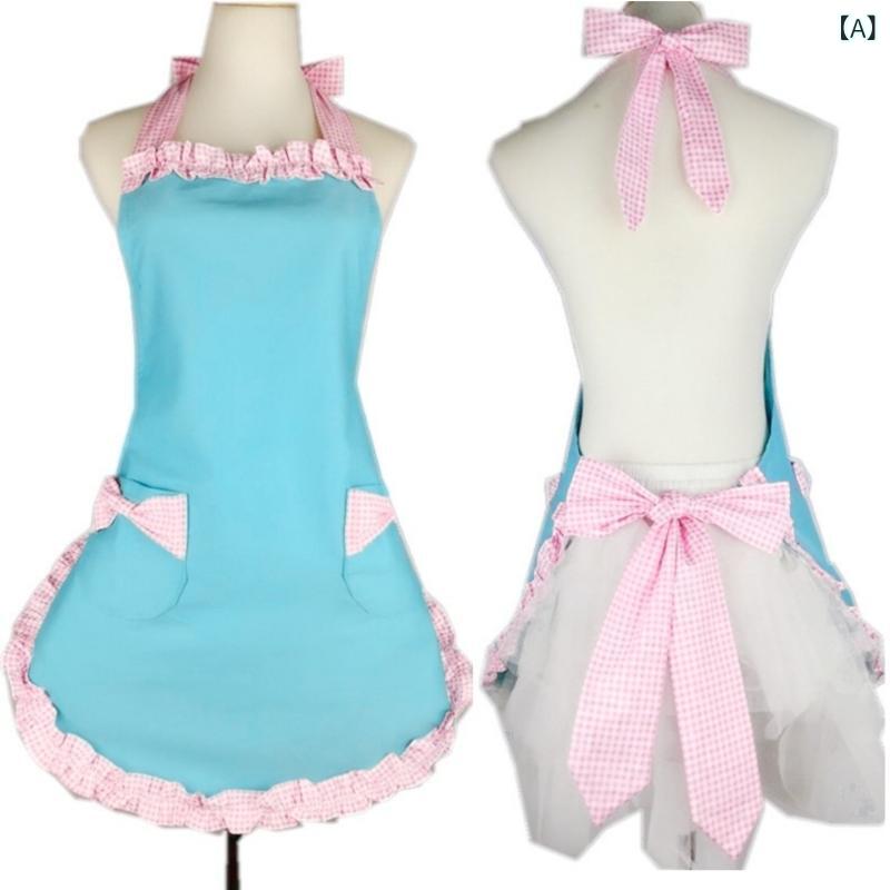 エプロン レディース 女性用 割烹着 綿 コットン かわいい プリンセス風 ブルー キッチン 料理 飲食店 カフェ ネイルサロン 清掃 作業 保育士 無袖 防汚 韓国風 チェック柄 フリル