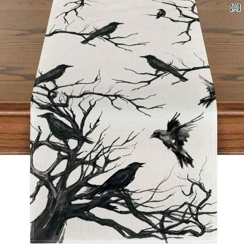 テーブルランナー ハロウィン カボチャ クモの巣 ドクロ柄 プリント 布製 食卓 テーブル飾り ポリエステル製 インテリア デコレーション パーティー イベント用 おしゃれ かわいい 雰囲気作り