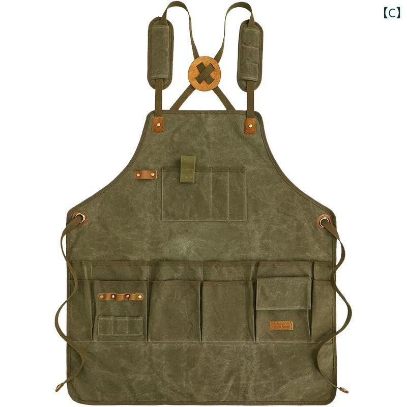 エプロン 男女兼用 厚手帆布 キャンバス ワークエプロン 丈夫 耐摩耗性 肩掛け 多機能ポケット 工具 作業着 DIY ガーデニング カフェ 業務用 防汚 無地