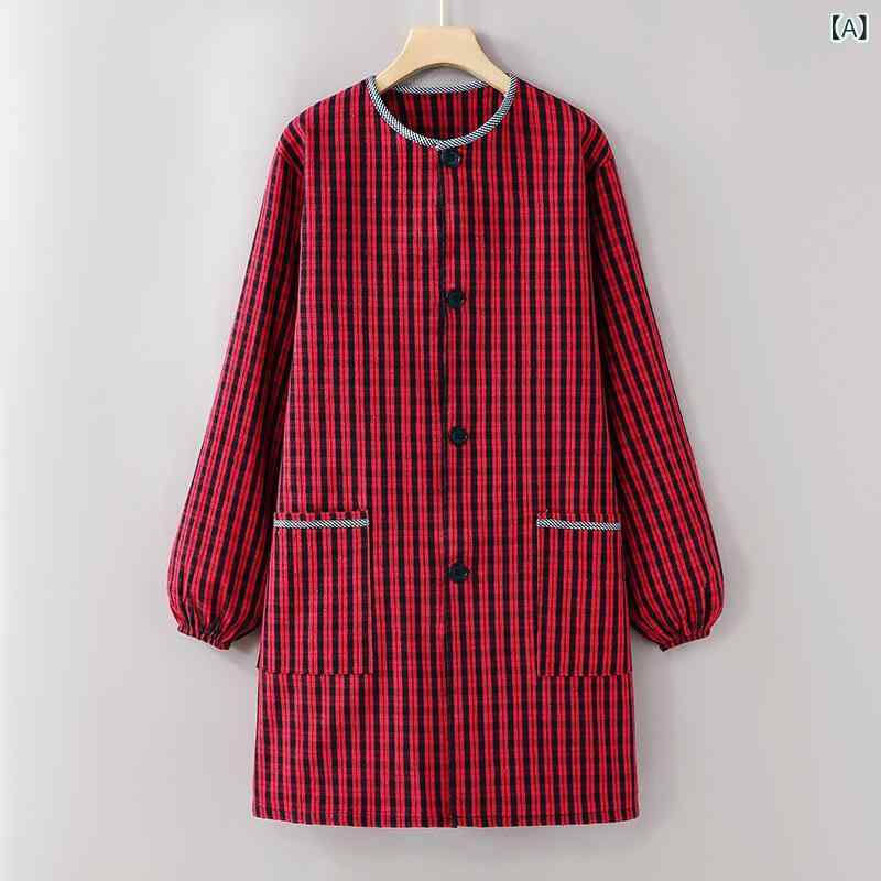 Gingham Aprons - 割烹着 女性用 綿100% キッチン 家庭用 作業用 長袖 薄手 汚れ防止 韓国スタイル モダン シンプル チェック ストライプ 夏用 フリーサイズ