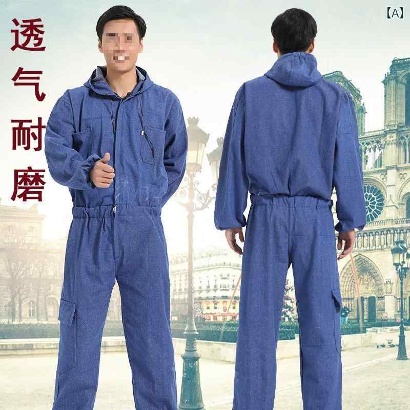 作業服 メンズ デニム つなぎ オールインワン ポリエステル 通気性 防塵 保護 溶接 自動車整備 塗装 機..