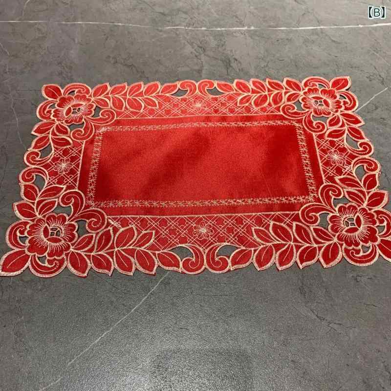 テーブルマット ランチョンマット プレースマット 刺繍 ハンドメイド 透かし彫り ファブリック 家庭用 長方形 ポリエステル 滑り止め 北欧風 植物柄 花柄 アイボリー レッド 食卓 ダイニング 飾り 装飾