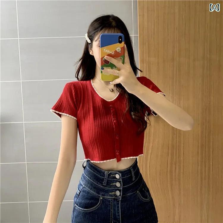 Rakuten - ニット レディース 女性用 Vネック 半袖 ショート丈 トップス カットソー 薄手 レーヨン素材 春夏 小柄さん向け ギャル インナー 上品 普段使い カジュアル