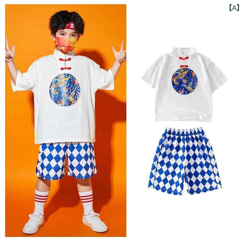 ・カテゴリ: 子供パフォーマンス服・スタイル: ヒップホップ・対象: 男女共用・主な素材: 綿50%・袖丈: 半袖・対象年齢: 3〜8歳・サイズ展開: 100、110、120、130、140・カラー展開: ホワイト/ブルーチェック、ホワイト/レッドチェック