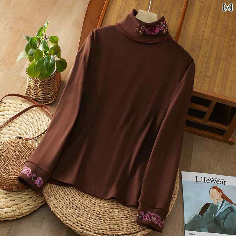 Tシャツ レディース 大きいサイズ ゆったり 秋冬 長袖 ハイネック 裏起毛 厚手 刺繡 植物柄 民族風 クラシック 中華風 ボトルネック トップス カジュアル 保温 ポリエステル 切り替え