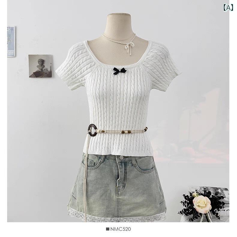 ニット レディース かわいい リボン スクエアネック 半袖 ケーブル編み プルオーバー ショート丈 ウエストマーク スリムフィット 着痩せ フェミニン 春夏