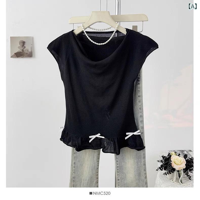 ニットトップス レディース サマーニット フェミニン リボン フリルスリーブ ドレープネック フリルデザイン ショート丈 スリム 細見え 接触冷感 薄手 春夏
