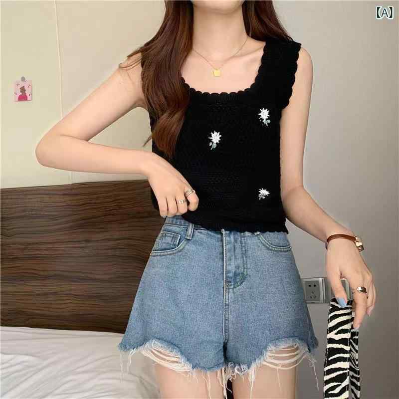 ニットキャミソール レディース スクエアネック ノースリーブ 刺繍 小花柄 かぎ針編み 透かし編み ショ..