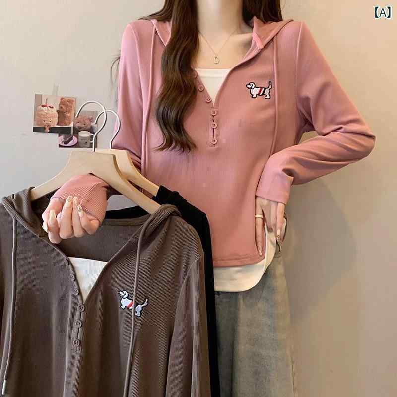 Tシャツ トップス レディース 大きいサイズ ぽっちゃり 秋 フェイクレイヤード フード付き 長袖 刺繡 配色切り替え ゆったり おしゃれ 着回し 日韓風 カジュアル 上品 エレガント ポリエステル スパンデックス