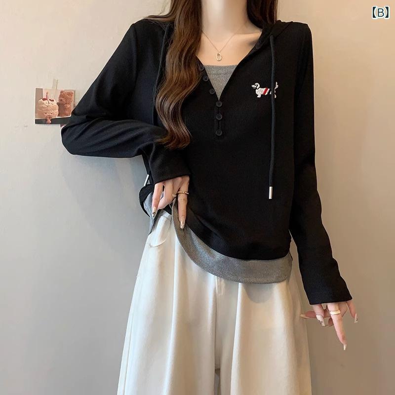 Tシャツ トップス レディース 大きいサイズ ぽっちゃり 秋 フェイクレイヤード フード付き 長袖 刺繡 配色切り替え ゆったり おしゃれ 着回し 日韓風 カジュアル 上品 エレガント ポリエステル スパンデックス