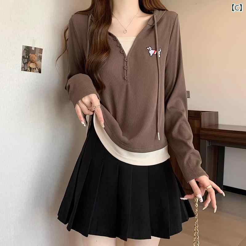 Tシャツ トップス レディース 大きいサイズ ぽっちゃり 秋 フェイクレイヤード フード付き 長袖 刺繡 配色切り替え ゆったり おしゃれ 着回し 日韓風 カジュアル 上品 エレガント ポリエステル スパンデックス