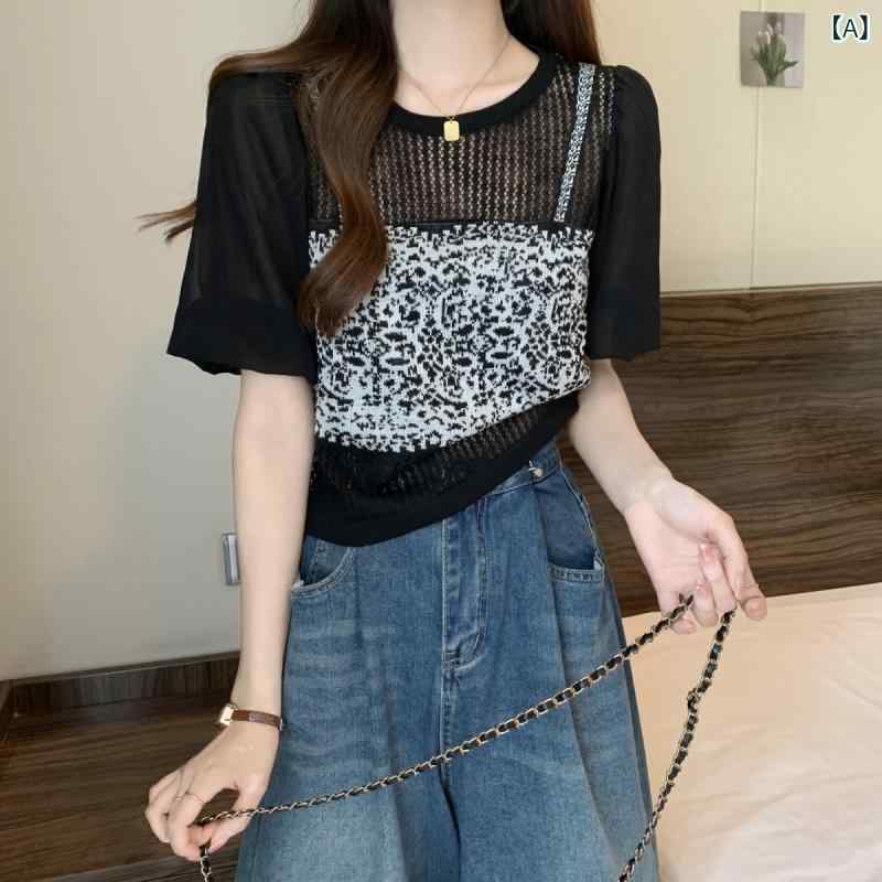 ニット レディース フェイクレイヤード レース 花柄 デザイン性 着痩せ 半袖 シアー 薄手 ラウンドネック ショート丈 ポリエステル 春夏 着回し