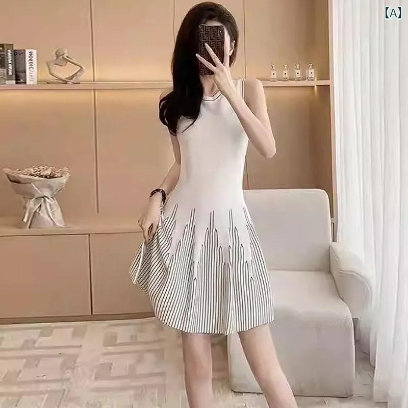 ワンピース レディース ノースリーブ ニット Aライン ウエストマーク スタイルアップ 低身長向け フレンチエレガント クルーネック ショート丈 切り替え ポリエステル 通勤 春夏