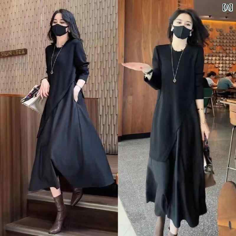 ワンピース レディース 黒 ブラック フレンチスタイル 細見え 着痩せ効果 長袖 切り替え フェイクレイヤード 重ね着風 ラウンドネック Aライン ハイウエスト アシンメトリー 変形デザイン 通勤 オフィス カジュアル 秋 ポリエステル