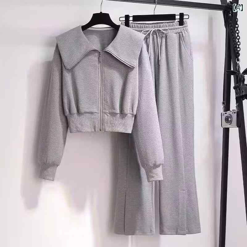セットアップ レディース スウェット プルオーバー カジュアル スポーツ ジップアップ 切り替え クロップド丈 ワイドパンツ ゆったり ポリエステル スパンデックス 春夏 グレー ブラック