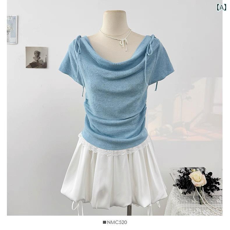 トップス レディース ドレープネック 半袖 ニット レース 切り替え ウエストマーク リボン ギャザー 薄..