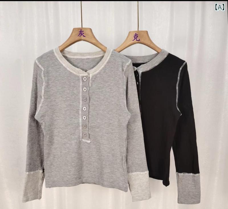 ニット レディース 秋冬 韓国風 デザイン 個性的 切り替え バイカラー ボタン ステッチ スリムフィット 長袖 クルーネック 薄手 プルオーバー インナー トップス カジュアル 普段使い ポリエステル グレー