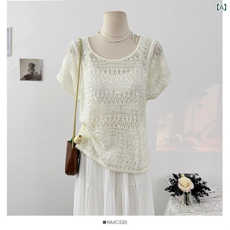 ニット レディース 韓国風 カジュアル 透かし編み シアー ラメ クルーネック 半袖 接触冷感 薄手 軽量 ..