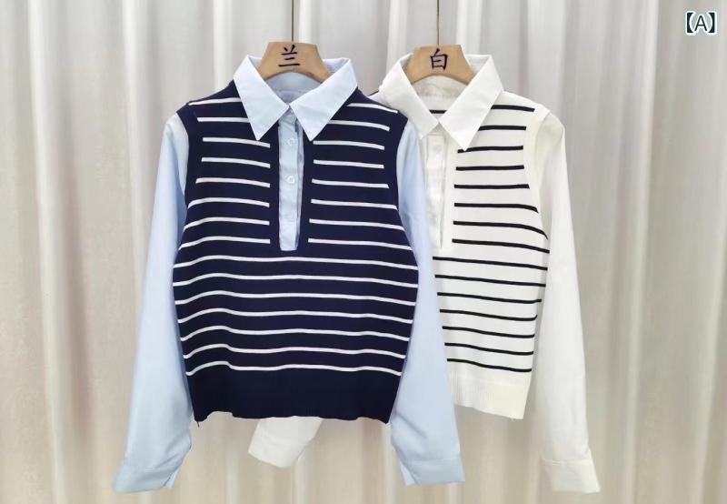 ニット レディース フェイクレイヤード シャツ 切り替え ストライプ 長袖 襟付き 秋冬 スリムフィット ..