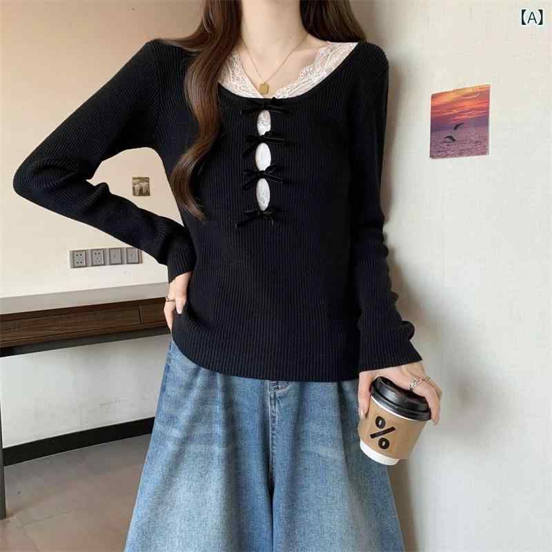 ニットトップス レディース レース切り替え 抜け感 シアーデザイン 長袖 スリムフィット 韓国風 春夏 ..