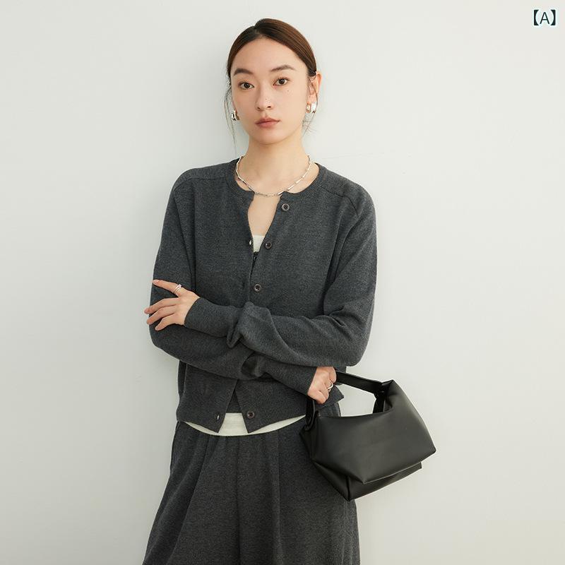 ニットカーディガン レディース バスウランウール 羊毛 セーター 長袖 ラウンドネック ボタン シンプル..