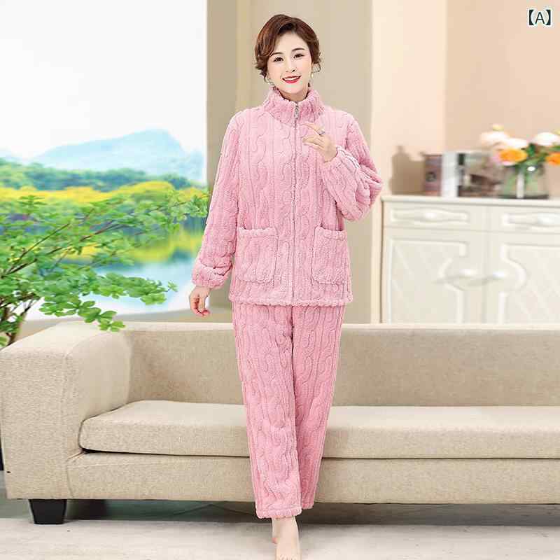 パジャマ レディース ミセス 秋冬 フランネル 厚手 裏起毛 保温 ルームウェア 部屋着 ジップアップ 上下セット 長袖 長ズボン スタンドカラー ポリエステル ワンマイルウェア ピンク 紫 グレー カーキ