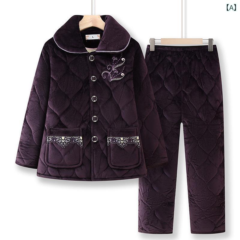 ルームウェア シニア レディース 冬用 フランネル 極厚 裏起毛 三層構造 中綿入り あったか 保温 防寒 前開き 襟付き 長袖 長ズボン 上下セット