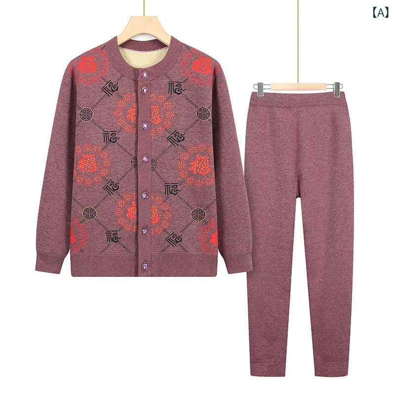 トップス シニア女性 中高年 裏起毛 厚手 極厚 保温 防寒 あったか 綿 コットン 前開き カーディガン 長袖 クルーネック 長ズボン セットアップ 秋冬 部屋着 ルームウェア 普段使い 2点セット