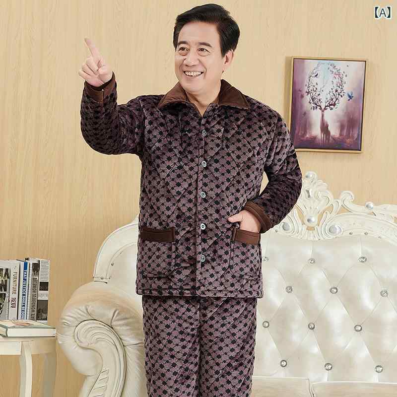 パジャマ 男性用 秋冬 厚手 裏起毛 暖かい 中綿入り サンゴフリース ポリエステル ルームウェア 上下セット 長袖 長ズボン 襟付き 部屋着 ゆったり 中高年 父親