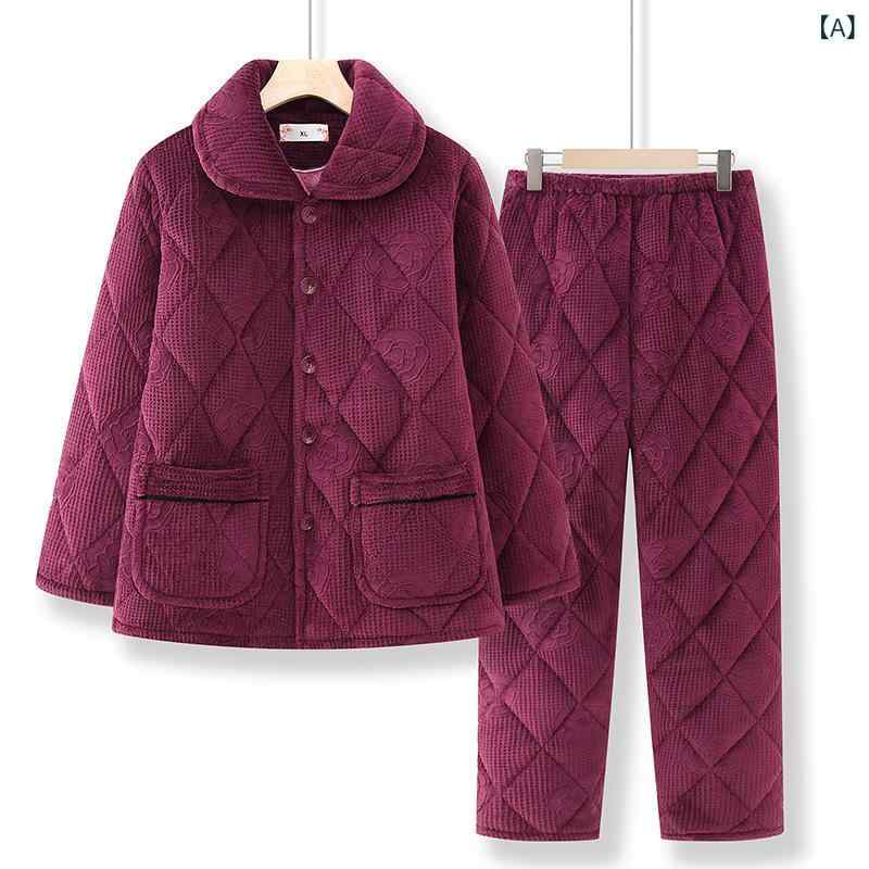 パジャマ レディース ミセス シニア ママ グランマ 冬用 極厚 三層キルティング 裏起毛 保温 あったか フランネル 開襟 長袖 長ズボン 上下セット 部屋着