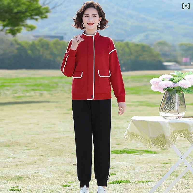 セットアップ レディース 中高年女性 ママ服 カジュアル スポーツウェア スウェット トレーナー ジャケット アウター 上下セット 長ズボン ロングパンツ ポリエステル 開襟 春秋